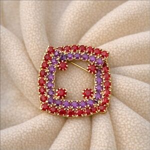 Vintage Rhinestone Brooch Red Purple Gold Tone Retro Statement